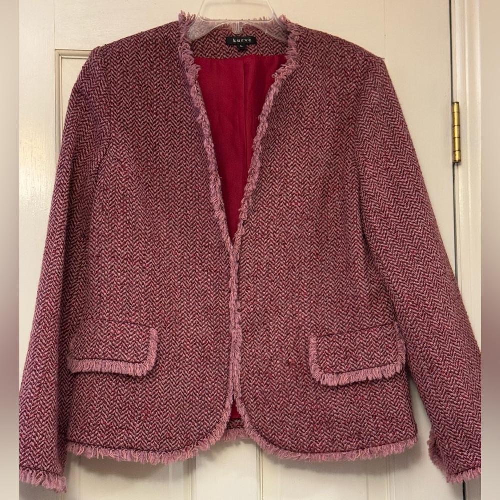 Chic Pink Tweed Blazer with Fringe by Loft